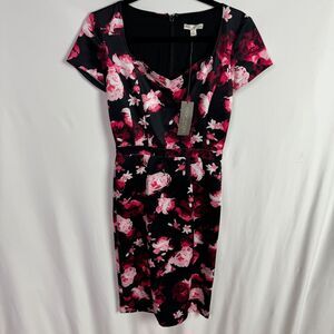 Eva Mendes Womens Dress Size 2 Black/Pink Floral Print Sheath Style NEW